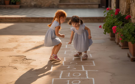 Two little girls playing hopscotch game on the playground.の素材