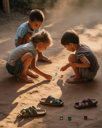 Children playing with sand on the beach in the early morning at sunsetの素材