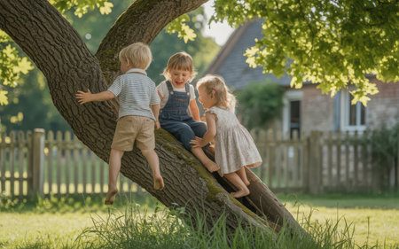 Three children sitting on a tree in the garden and looking at the cameraの素材