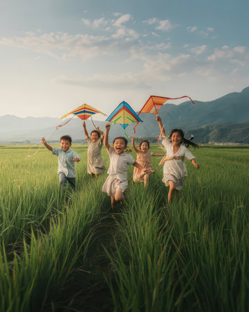Happy asian family playing with kite in rice field at sunsetの素材