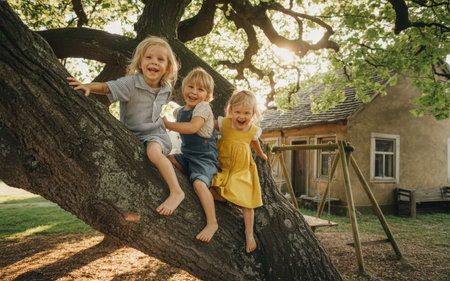 Three little girls having fun on a tree in the backyard of a country houseの素材