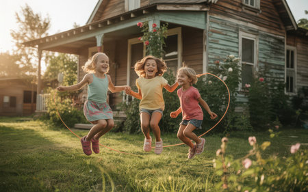 Three children sitting on a tree in the garden and looking up.の素材
