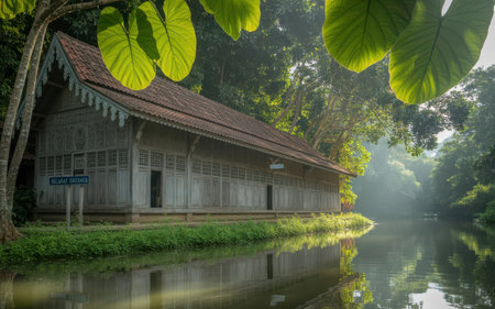 Wooden house on the river in the morning at Khao Yai National Park, Thailandの素材