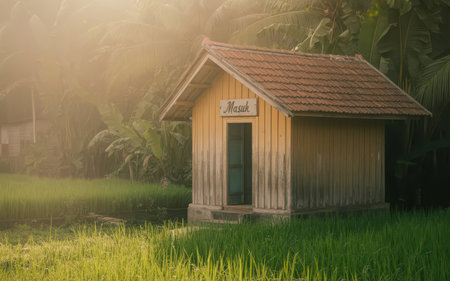 Small wooden toilet in the rice field in the morning, Thailand.の素材