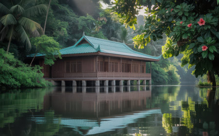 Wooden house on the lake in the park with fog and reflectionの素材