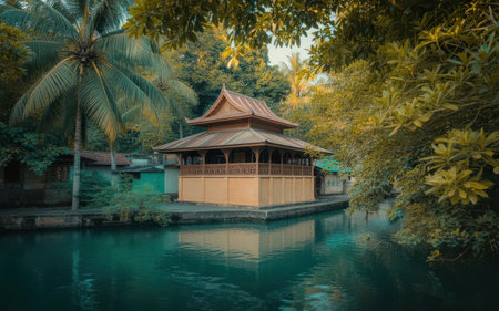 Pavilion on the water in the park, beautiful photo digital pictureの素材
