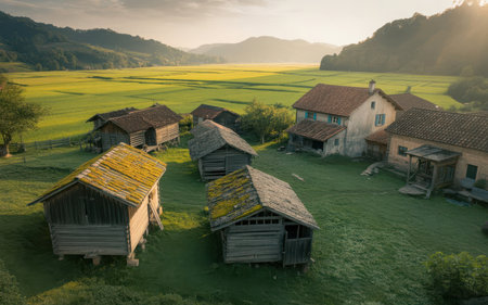 Aerial view of rural landscape with old wooden houses at sunset.の素材