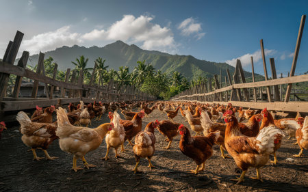 chickens in the farm with mountain background, Chiang Mai, Thailandの素材