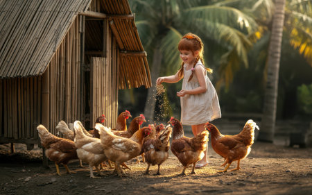 Cute little girl playing with chickens on the farm. Happy childhood.の素材