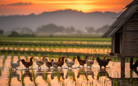 chicken farm in the rice field at sunset,Thailand.の素材