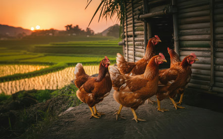 Chickens on the terrace of rice fields at sunset.の素材