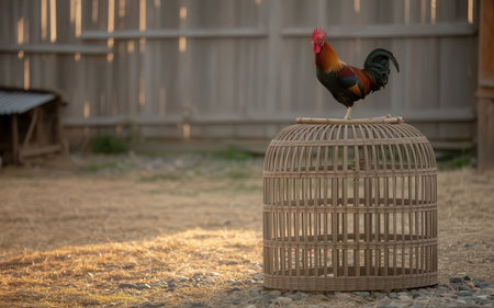 Rooster in a cage at the farm. Selective focus.の素材