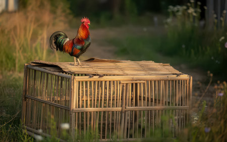 Colorful rooster in a cage on a wooden table in the gardenの素材