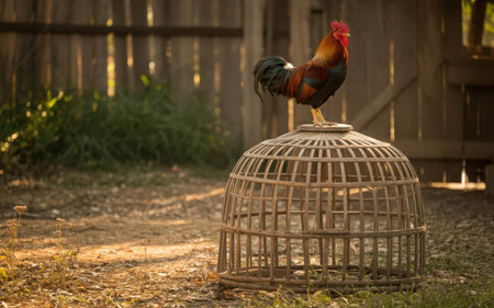 Rooster in a cage on the farm. Rooster in the cage.の素材