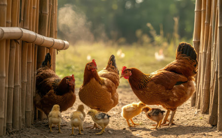 chickens and rooster on traditional free range poultry farm in countrysideの素材