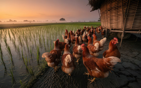 chicken in the rice field at sunset time,Thailand.の素材