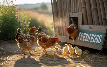 chickens and rooster on traditional free range poultry farm in Ukraineの素材