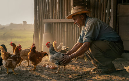 Farmer is feeding chickens with eggs in the henhouse at sunset.の素材