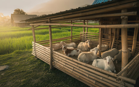 Group of goats in a wooden cage on a green rice field.の素材
