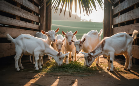 Herd of white goats on a farm in the morning light.の素材