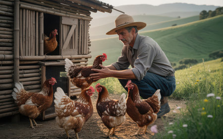 Farmer is feeding chickens on a farm in Tuscany, Italyの素材