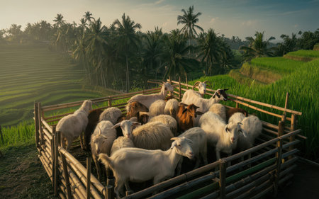 Flock of goats on the terraced rice fields in Bali, Indonesiaの素材