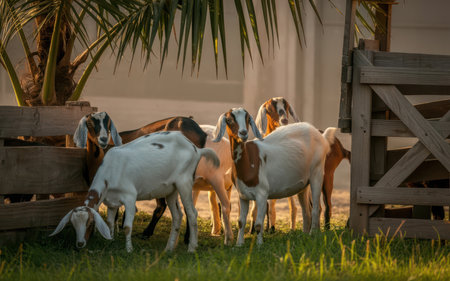 Herd of goats grazing on the field in the evening light.の素材