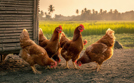 chickens on a farm in the countryside of Bali Indonesiaの素材