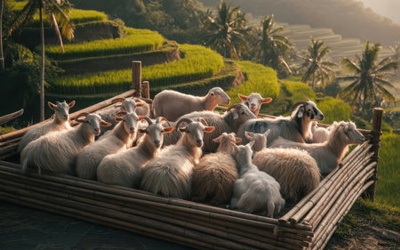 Herd of sheep on rice terraces in Bali, Indonesiaの素材