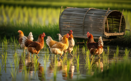 chickens in the rice field, Chiang Mai, Thailandの素材