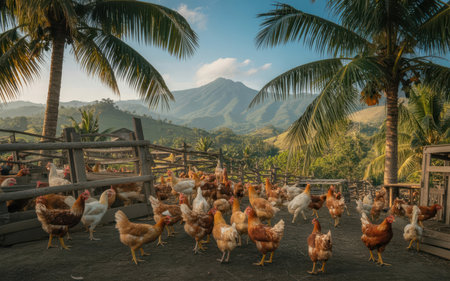 Chickens on the farm in Bali, Indonesia. Rural scene.の素材