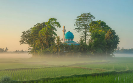 Beautiful landscape of rice field with mosque at sunrise time in the morning.の素材