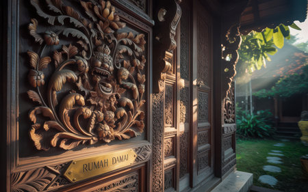 Wooden door of Thai temple in the evening,Thailand.の素材