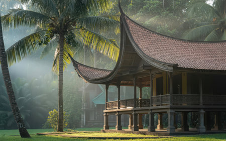 wooden house in the garden with morning fog and palm tree.の素材