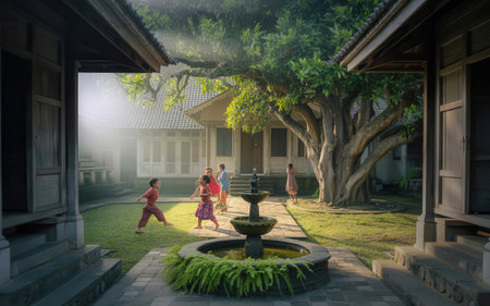 Buddhist monk and woman walking in the park in morning.の素材