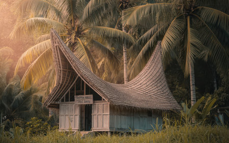 Old wooden house in the middle of the jungle with palm trees.の素材