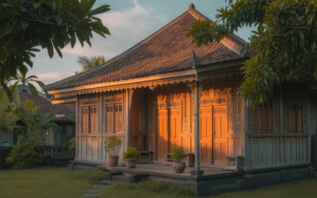 Traditional Thai style house in the garden at sunset,Thailand.の素材