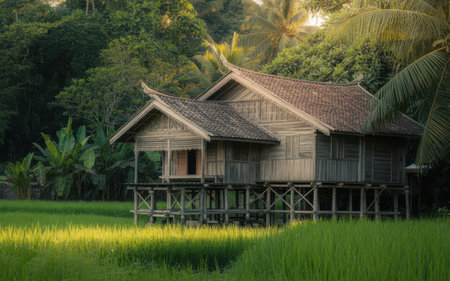 Wooden house in rice field in Bali island, Indonesia.の素材