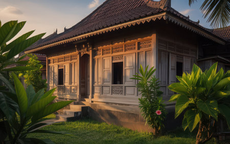 Traditional Thai style house in the garden at sunset, Bangkok, Thailandの素材