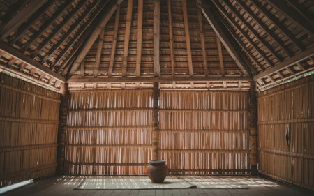 Traditional japanese room with bamboo roof and a clay pot.の素材