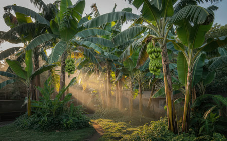 Banana trees in the garden at sunset time. Natural background.の素材