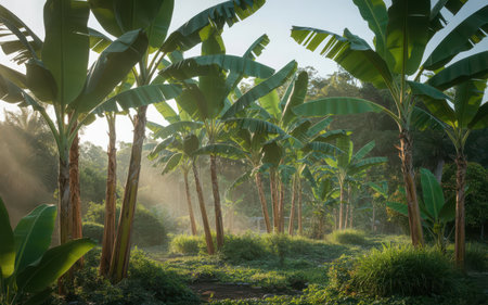 banana plantation in the morning with sun light and fog, natural backgroundの素材