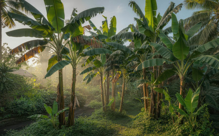 Banana trees with morning light in the jungle of Bali island, Indonesiaの素材