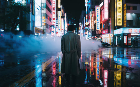 Japanese man walking in Shinjuku at nightの素材