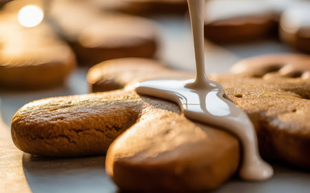 Pouring milk on gingerbread cookies. Shallow depth of field.の素材