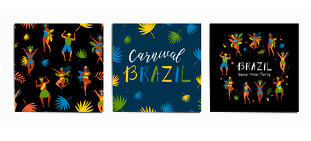 Set vector characters. Set of brazilian samba dancers of the carnival in Rio de Janeiro with seamless pattern, lettering design. Vector illustration in retro style with carnival women and men.のイラスト素材