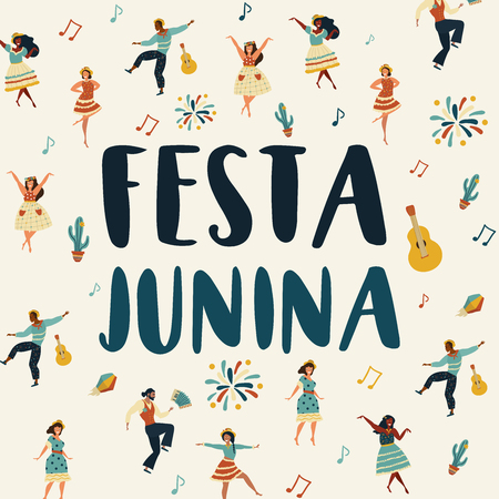 Festa Junina. Vector set with flat characters. Latin American holiday.のイラスト素材