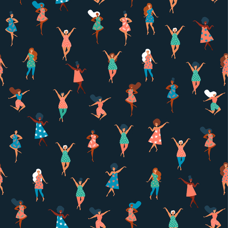 International Women's Day. Vector seamless pattern with pink background, dancing women. Vector illustration.のイラスト素材