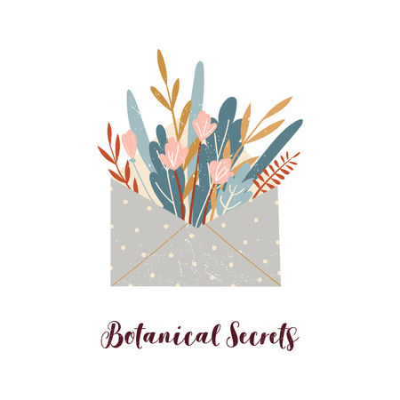 Vector illustration with plants and flowers. Spring garden with text.Design element for card.のイラスト素材