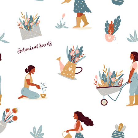 Vector seamless pattern with farmer girls, flowers and garden. Flat design.のイラスト素材